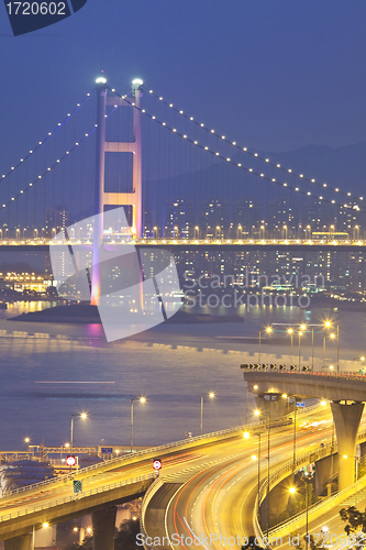 Image of Tsing Ma Bridge in Hong Kong with highway background