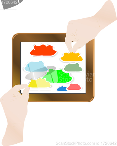 Image of finger pointing modern touch screen tablet computer, cloud