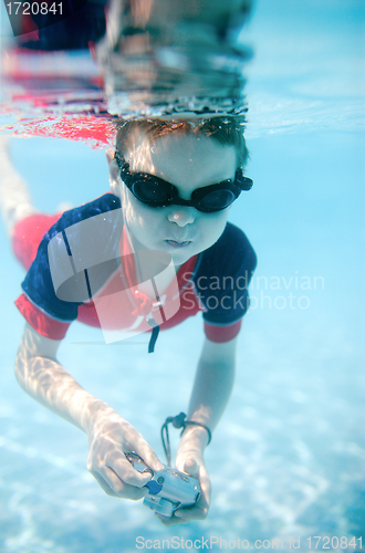 Image of Little boy swimming underwater