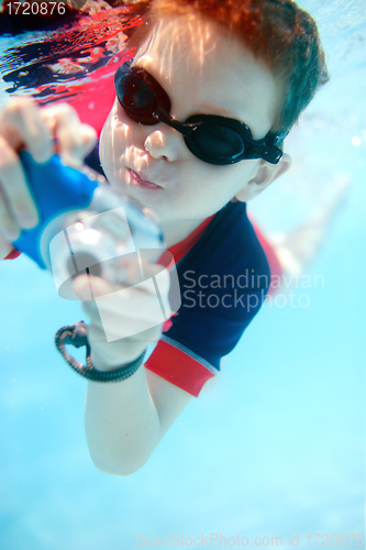 Image of Little boy swimming underwater