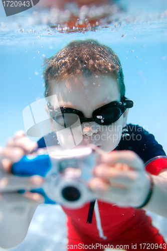 Image of Little boy swimming underwater