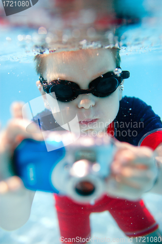 Image of Little boy swimming underwater