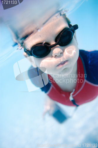 Image of Little boy swimming underwater