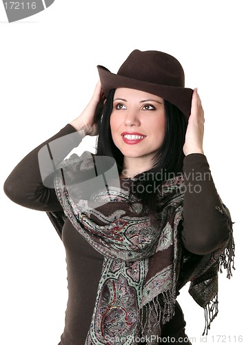 Image of Female trying on a brown felt hat