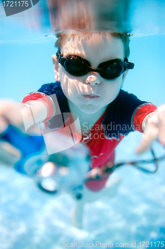 Image of Little boy swimming underwater