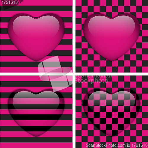 Image of Set of Four Glossy Emo Hearts. Pink and Black Chess and Stripes