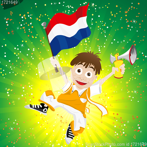 Image of Dutch Sport Fan with Flag and Horn