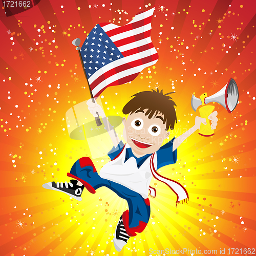 Image of United States of America Sport Fan with Flag and Horn