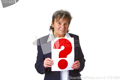 Image of Female senior holding question mark