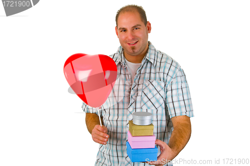 Image of Young man with red ballon and gift box