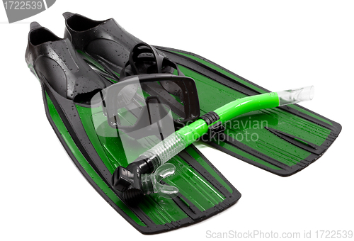 Image of Mask, snorkel and flippers on white background.