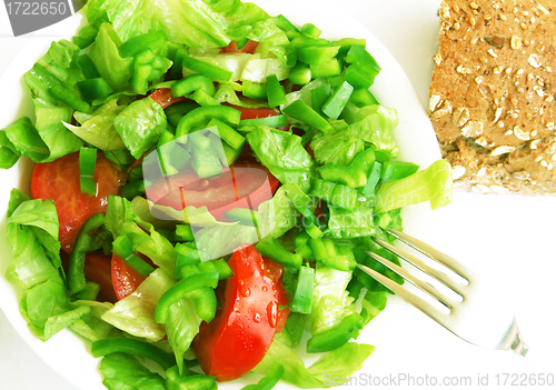 Image of Healthy vegetarian Salad and bread on the white plate