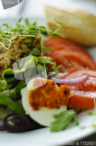 Image of Fresh salad with lettuce, tomatoes, eggs and tuna fish