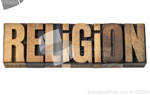 Image of religion word in vintage wood type