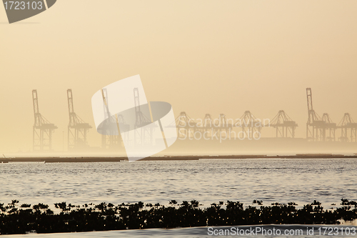 Image of container cranes on a foggy morning