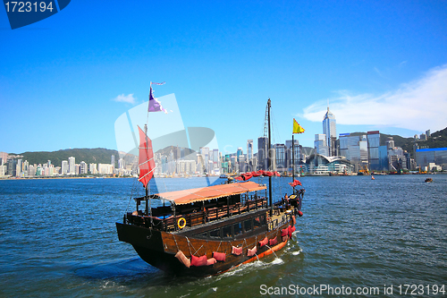 Image of sail boat in asia city, hong kong
