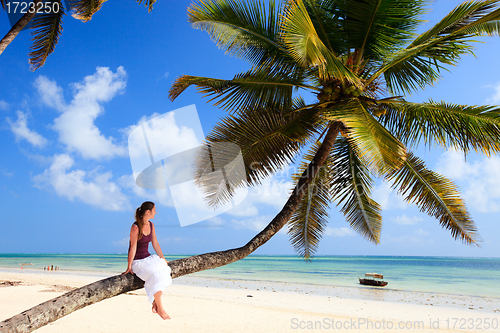 Image of Young woman sitting on palm tree