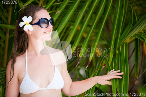 Image of Portrait of beautiful woman in sun glasses