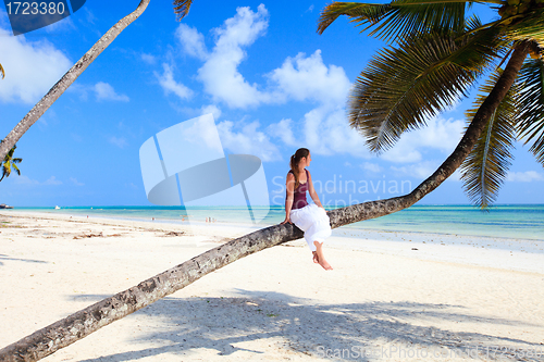 Image of Young lady sitting on palm tree