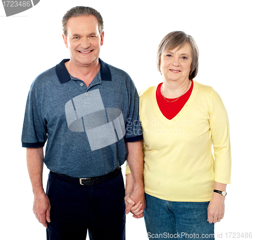 Image of Loving senior couple posing with hand in hand