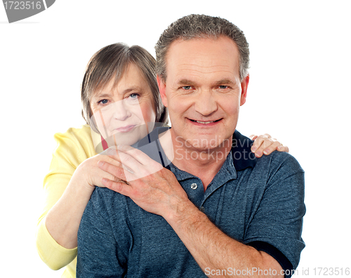 Image of Portrait of happy aged smiling couple