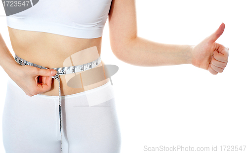 Image of Closeup of tape measure around woman waist