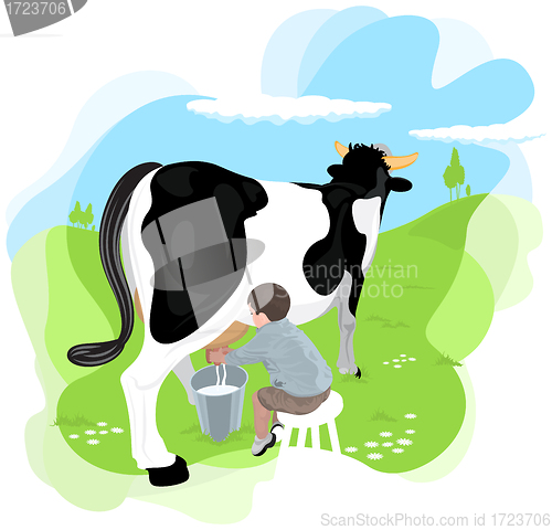 Image of A boy milking a cow