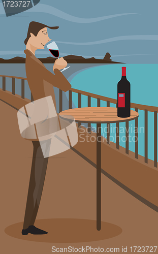 Image of An illustration of a man sipping wine on a deck.