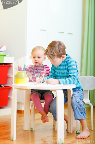 Image of Two kids drawing together