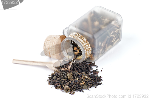 Image of Tea leaves in transparent parisons with wooden spoon