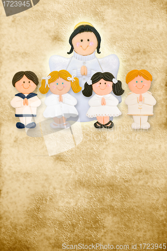 Image of first communion card vertical, angel with a group of children