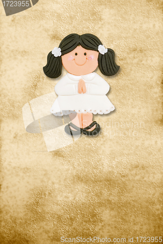 Image of vertical card first communion, funny brunette girl