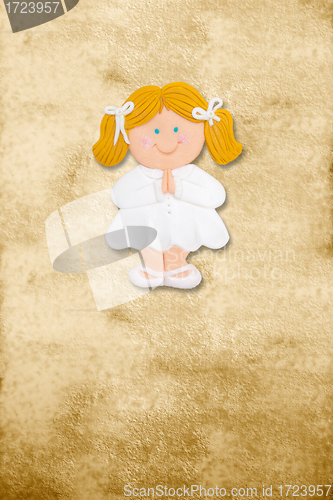 Image of vertical card first communion, funny blond gir