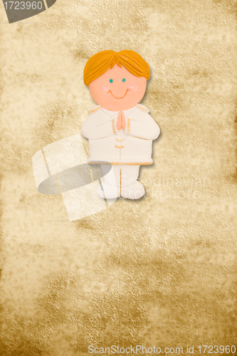 Image of vertical card first communion, funny blond boy