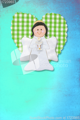 Image of cheerful first communion card, angel and heart