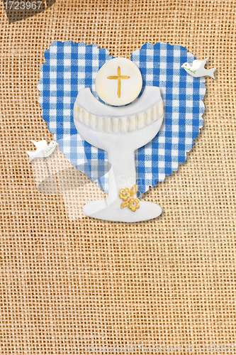 Image of first communion card pretty rustic chalice and pigeons