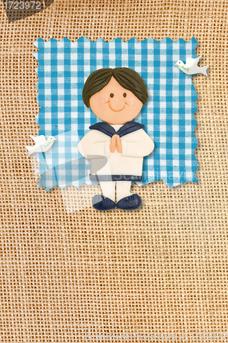 Image of First Holy Communion Invitation Card, rustic style, funny brunette boy