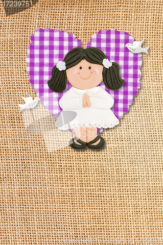 Image of First Holy Communion Invitation Card, rustic style, funny brunette girl