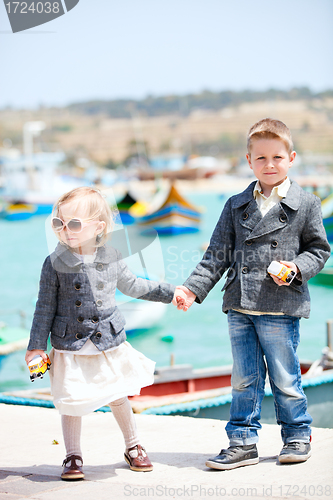 Image of Kids in city near harbor