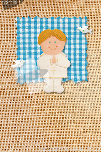 Image of First Holy Communion Invitation Card, rustic style, funny blonde boy