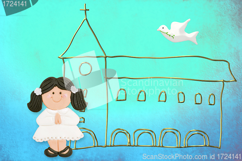 Image of first communion card cute dark-haired doll