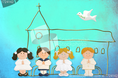 Image of child jolly card first communion, church and group of children