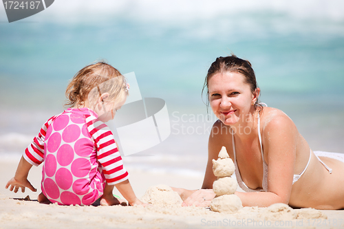 Image of Mother and daughter making sand castle