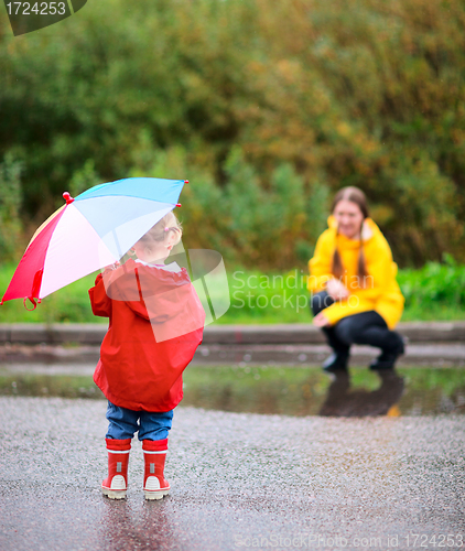 Image of Mother and daughter outdoors at rainy day