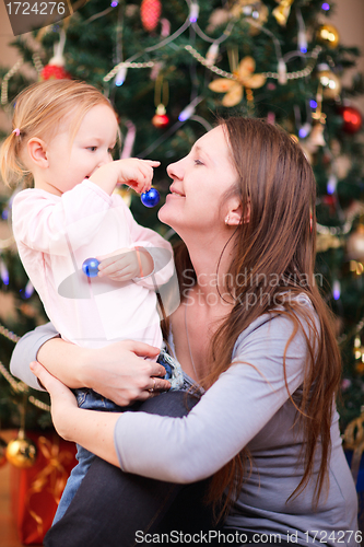 Image of Mother and daughter near Christmas tree