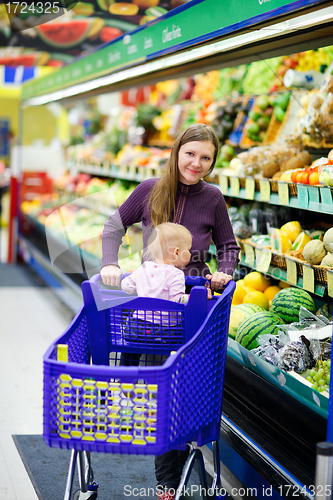 Image of Mother with baby shopping in supermarket