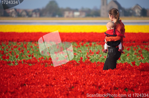 Image of Mother and Baby in Tulip Field