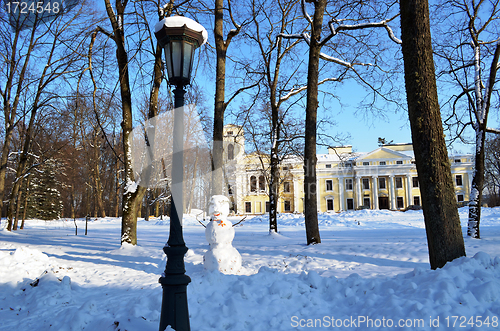 Image of Verkiai park palace in Vilnius Lithuania.  Snowman 