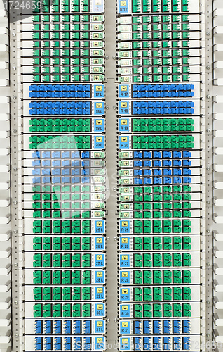 Image of fiber optic rack with high density of blue and green SC connecto