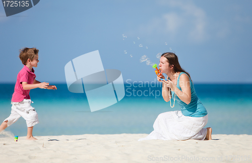 Image of Mother and son making soap bubbles